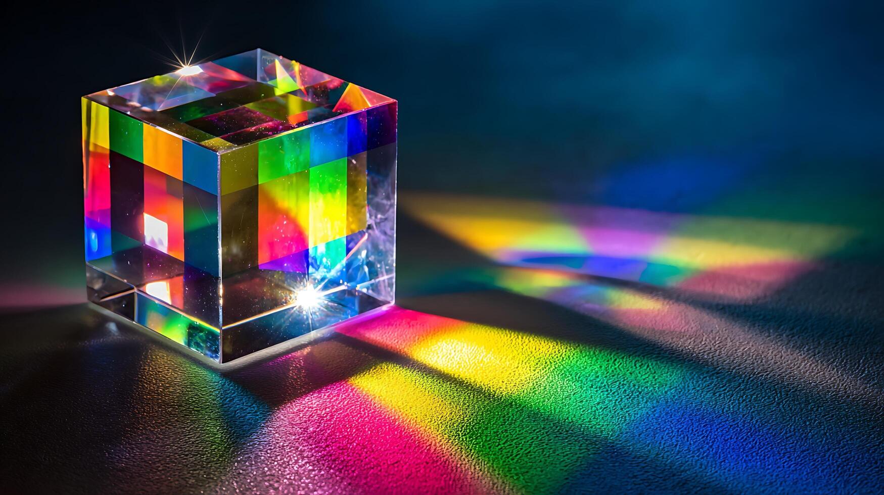 Crystal Cube Splitting Light into a Rainbow Spectrum. photo