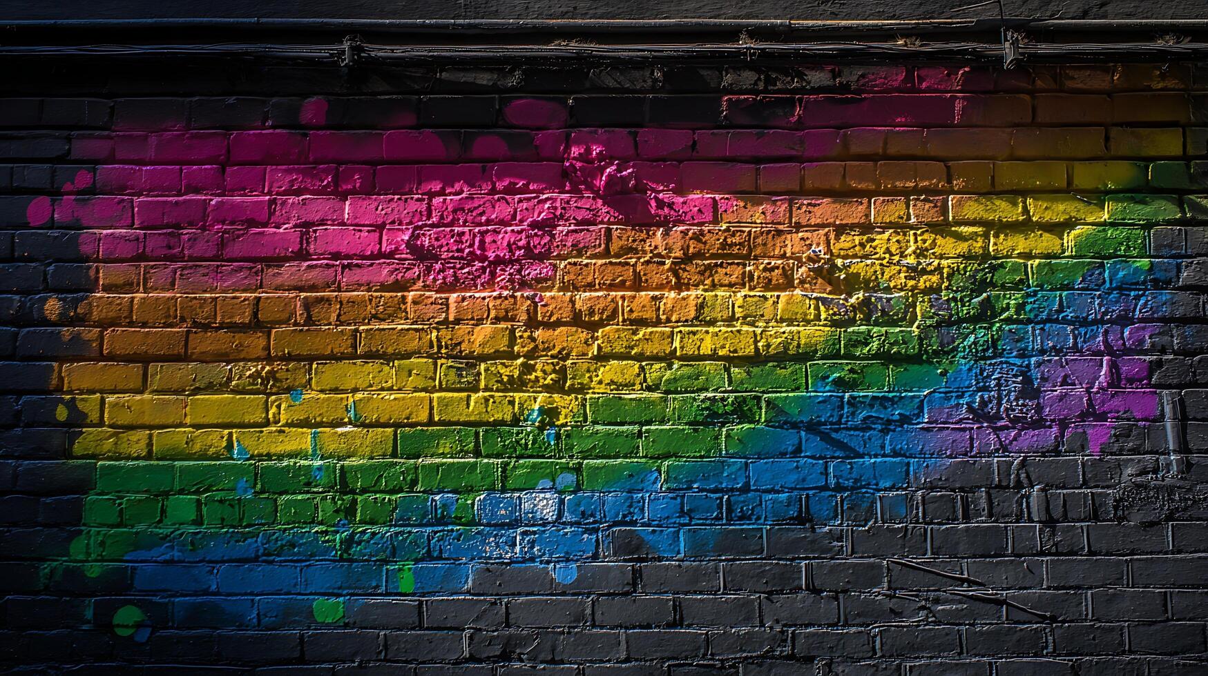 Vibrant Rainbow Graffiti Painted on Textured Brick Wall Surface. photo