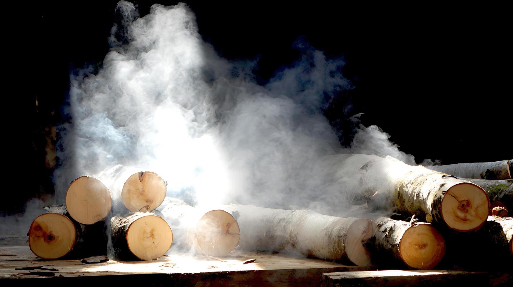 Freshly Cut Logs Steaming in the Sunlight on a Dark Background. photo