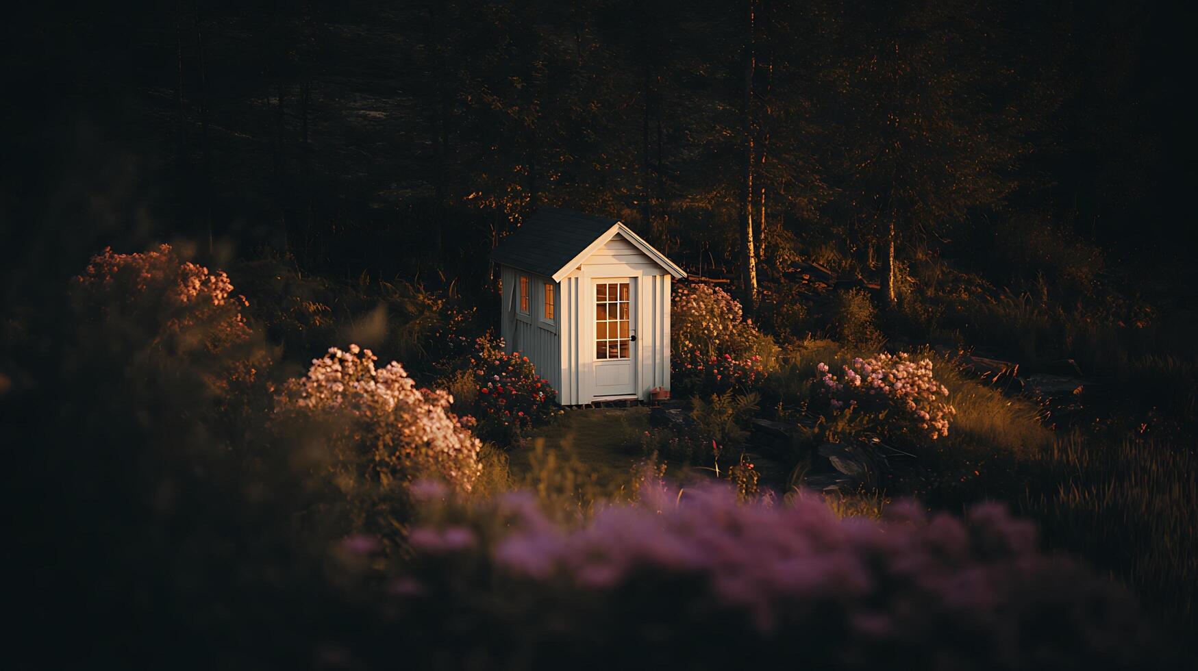 Cozy Woodland Cabin Amongst Blooming Flowers at Dusk. photo