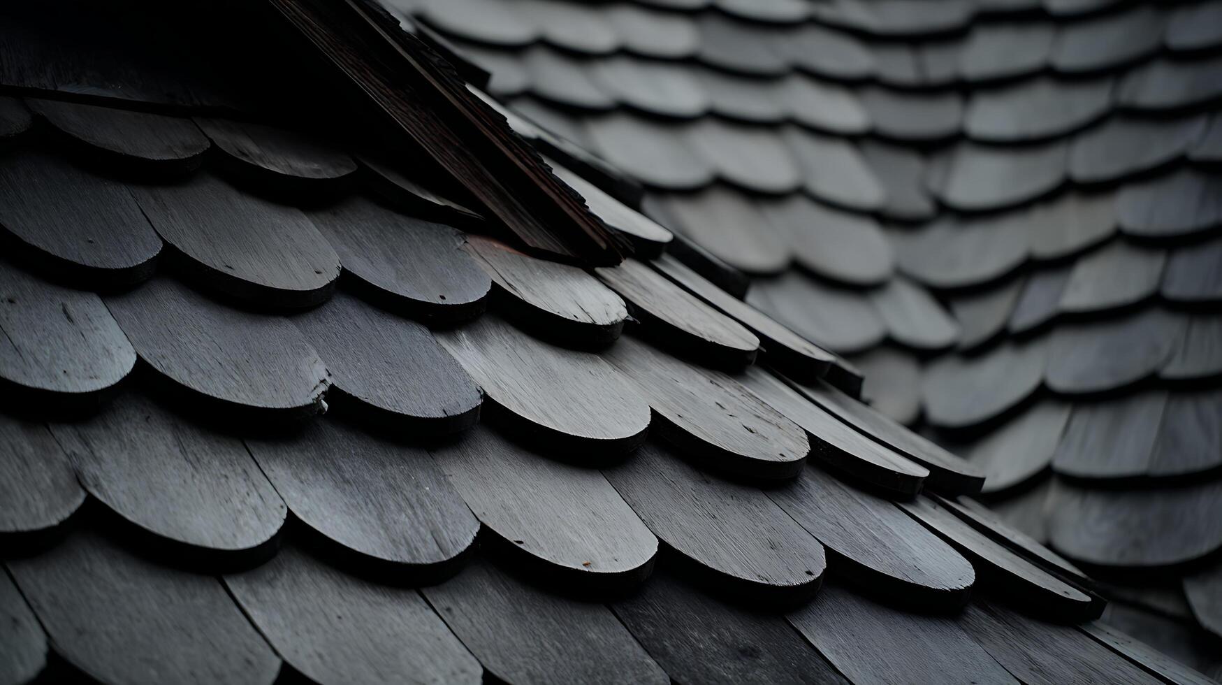 Textured dark wooden shingles creating a layered roof pattern. photo