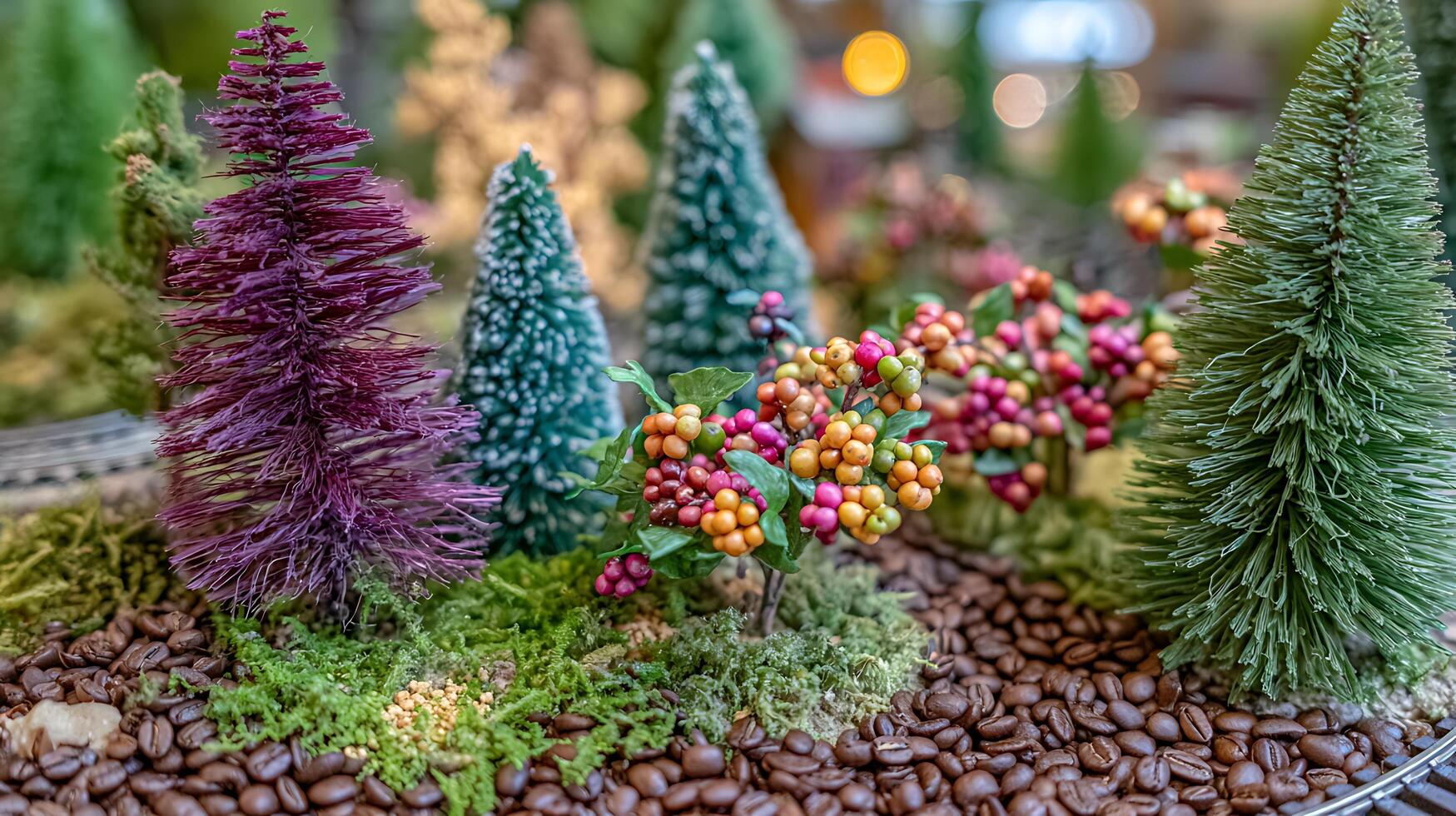 Miniature Forest Scene with Berries and Coffee Beans. photo