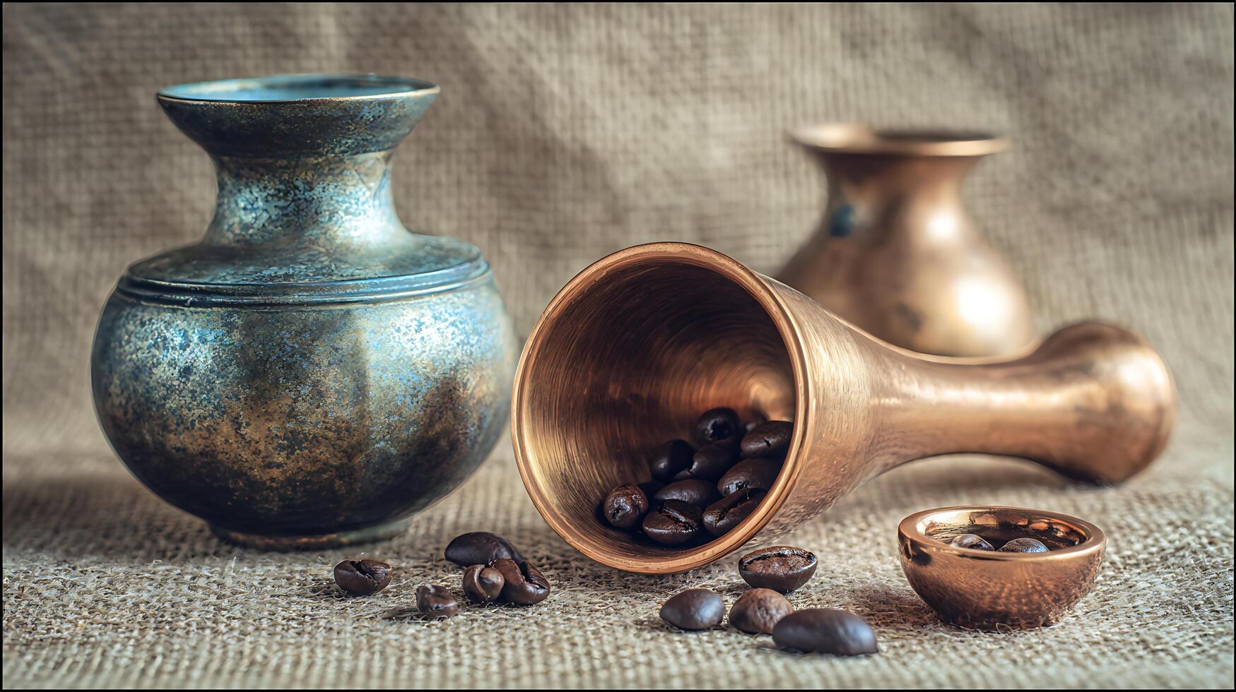 Rustic Still Life Aged Vases and Fresh Coffee Beans Captured. photo