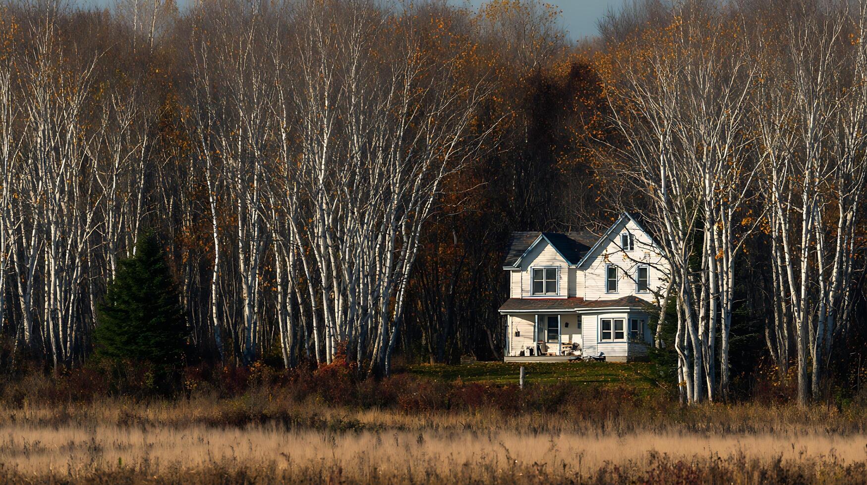 Cozy Cabin Nestled Among Autumn Birch Trees in the Countryside. photo
