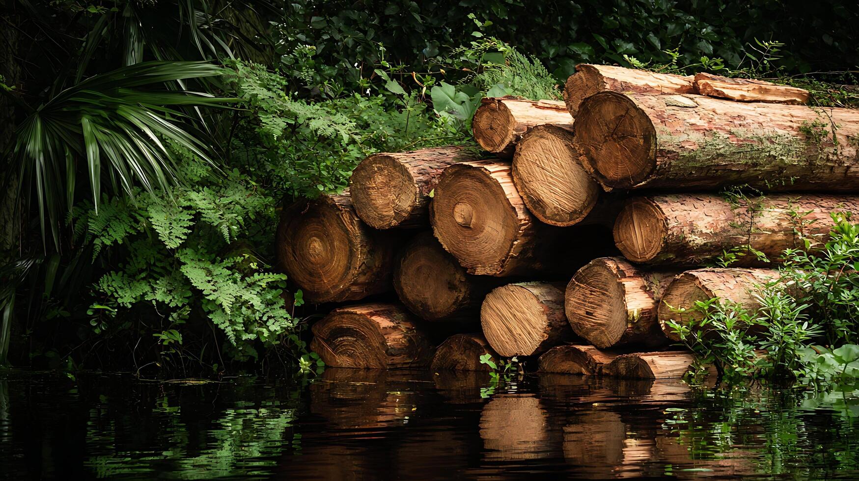 Stacked Lumber Floating in Dark, Reflective Water Surrounded by Lush Greenery. photo
