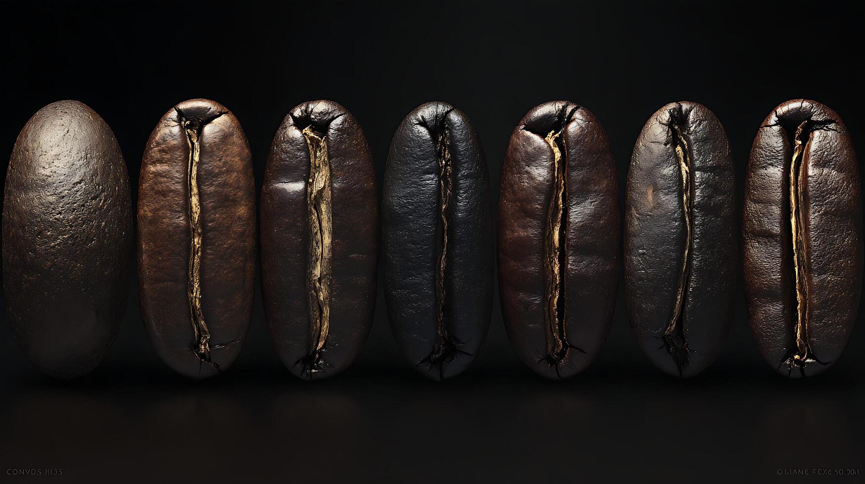 A Row of Coffee Beans Showing Different Roasts on a Dark Background. photo