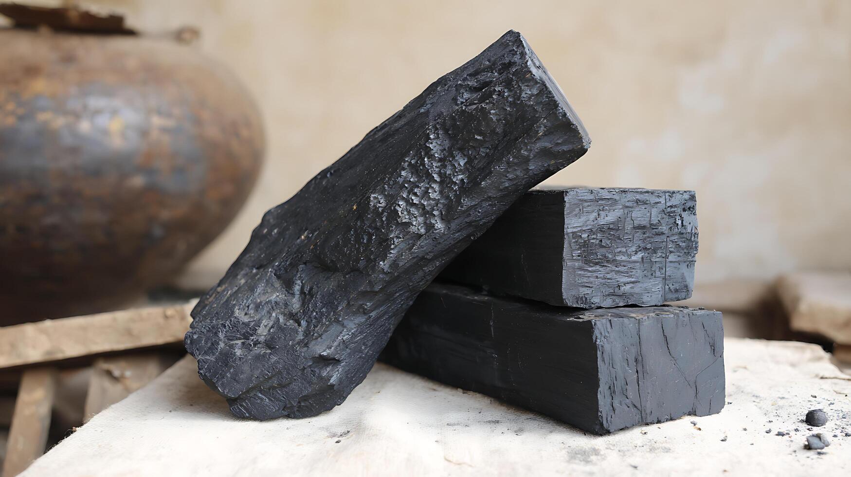 Black Charcoal Pieces With Textured Surface and Rustic Background. photo