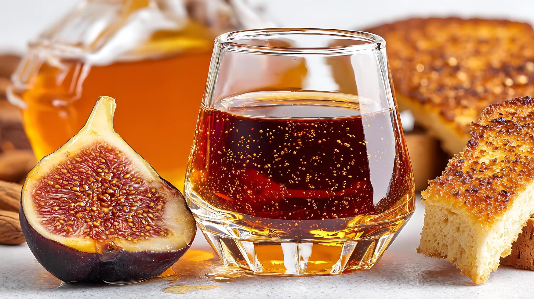 Rich Amber Elixir With Fresh Fig And Toasted Brioche Delight. photo
