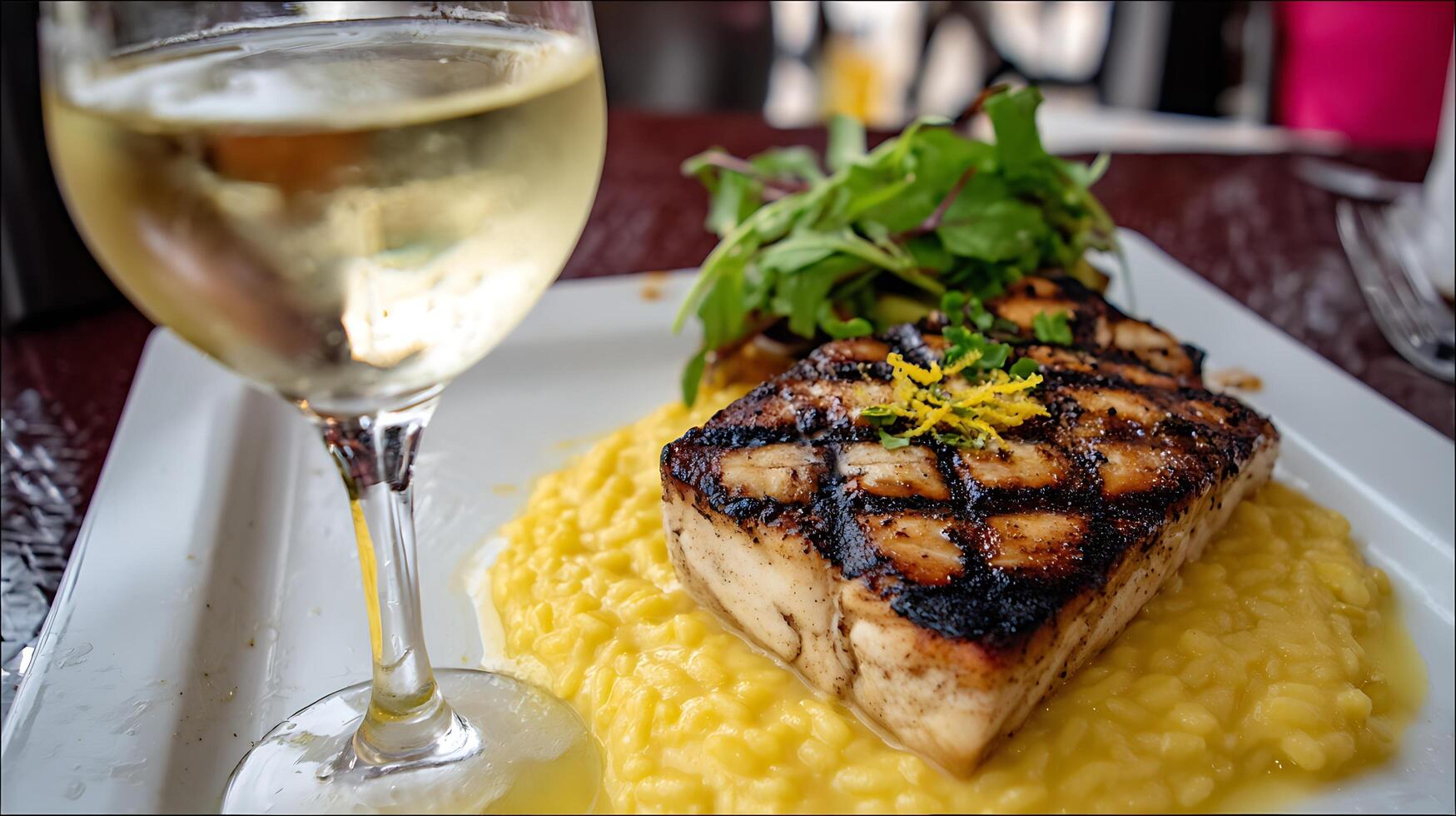 Perfectly Grilled Fish With Lemon Zest and a Glass of White Wine. photo