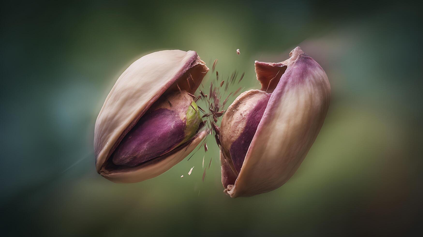 Split Pistachios Exploding with Delicious Purple Seeds in Macro Shot. photo