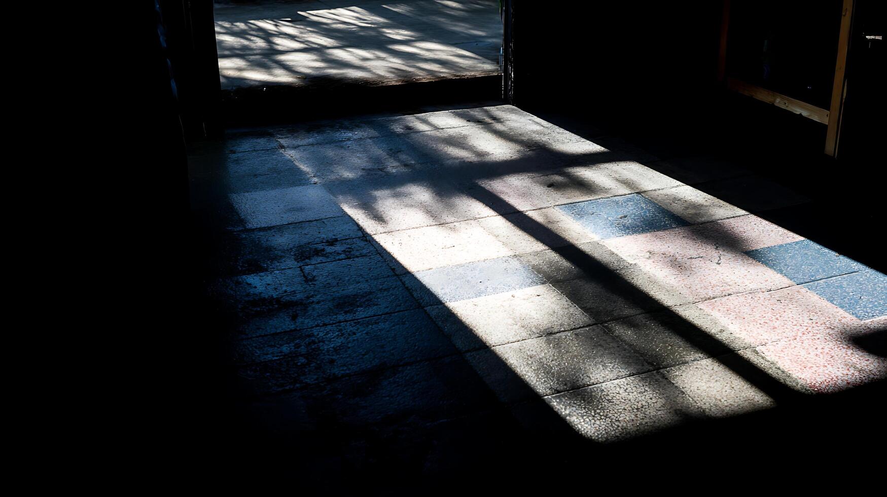 Sunlight Stream Through Dark Open Doorway Onto Textured Floor. photo