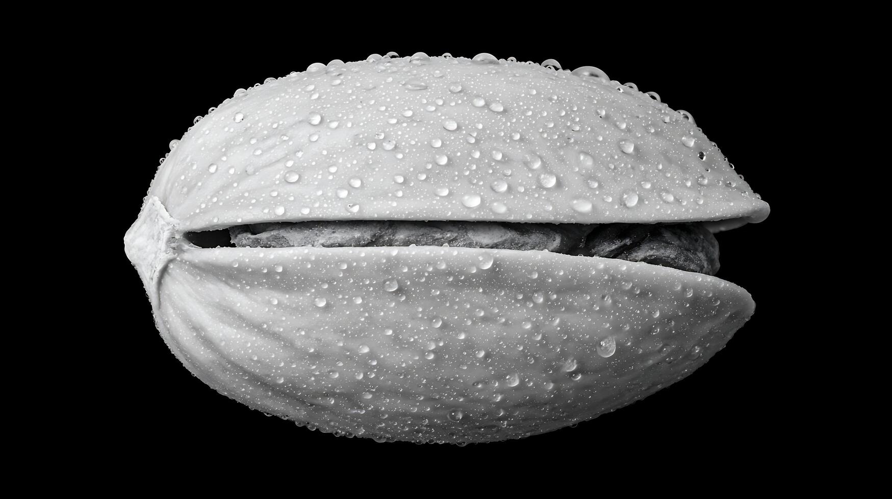 Close Up Of A Single Pistachio Nut Covered In Water Droplets. photo