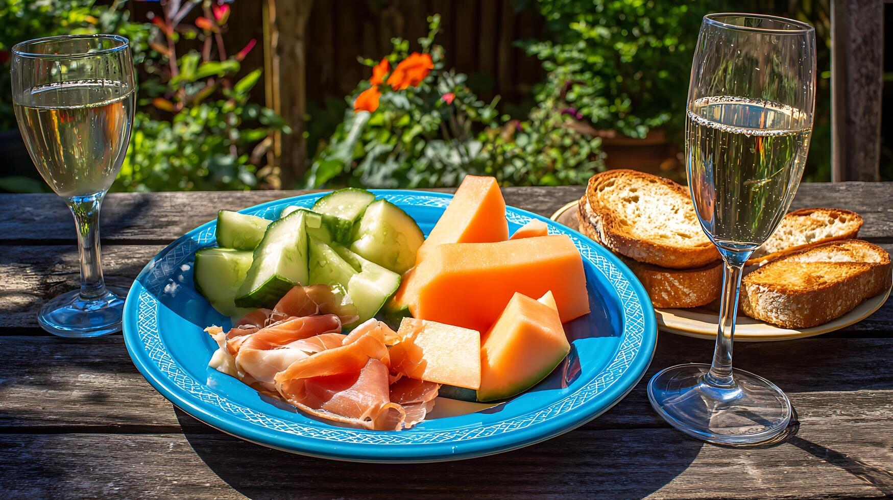 Refreshing Summer Snack with Wine and Fruit Outdoors. photo
