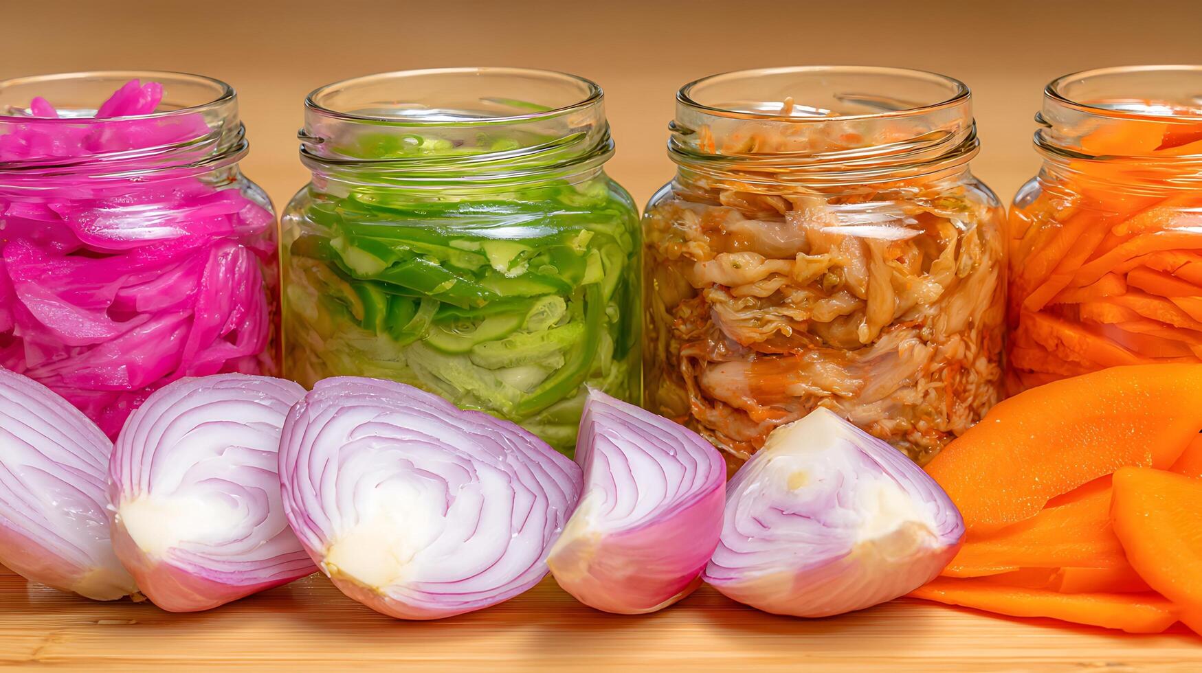 Colorful Preserved Vegetables and Fresh Onions in Jars on Wood. photo