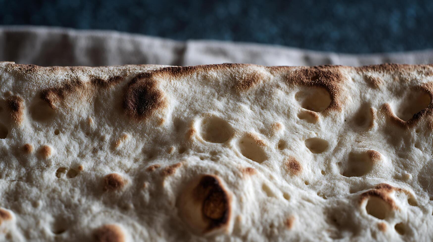 Close up of warm, fresh baked flatbread texture with bubbles and char marks. photo