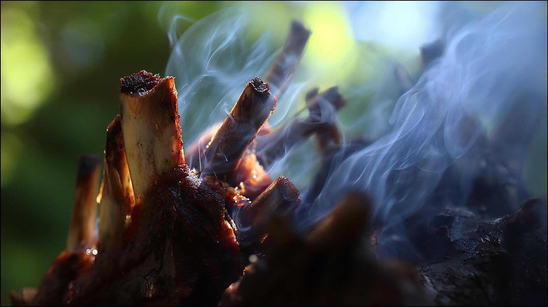 Close Up of Ribs Sizzling and Smoking on a Grill Outdoors. photo