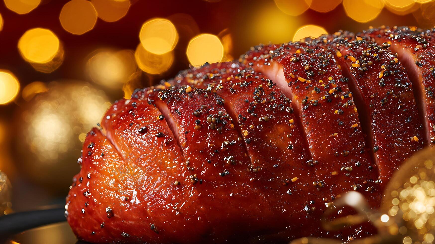 Festive Glazed Ham with Sparkling Holiday Lights. photo