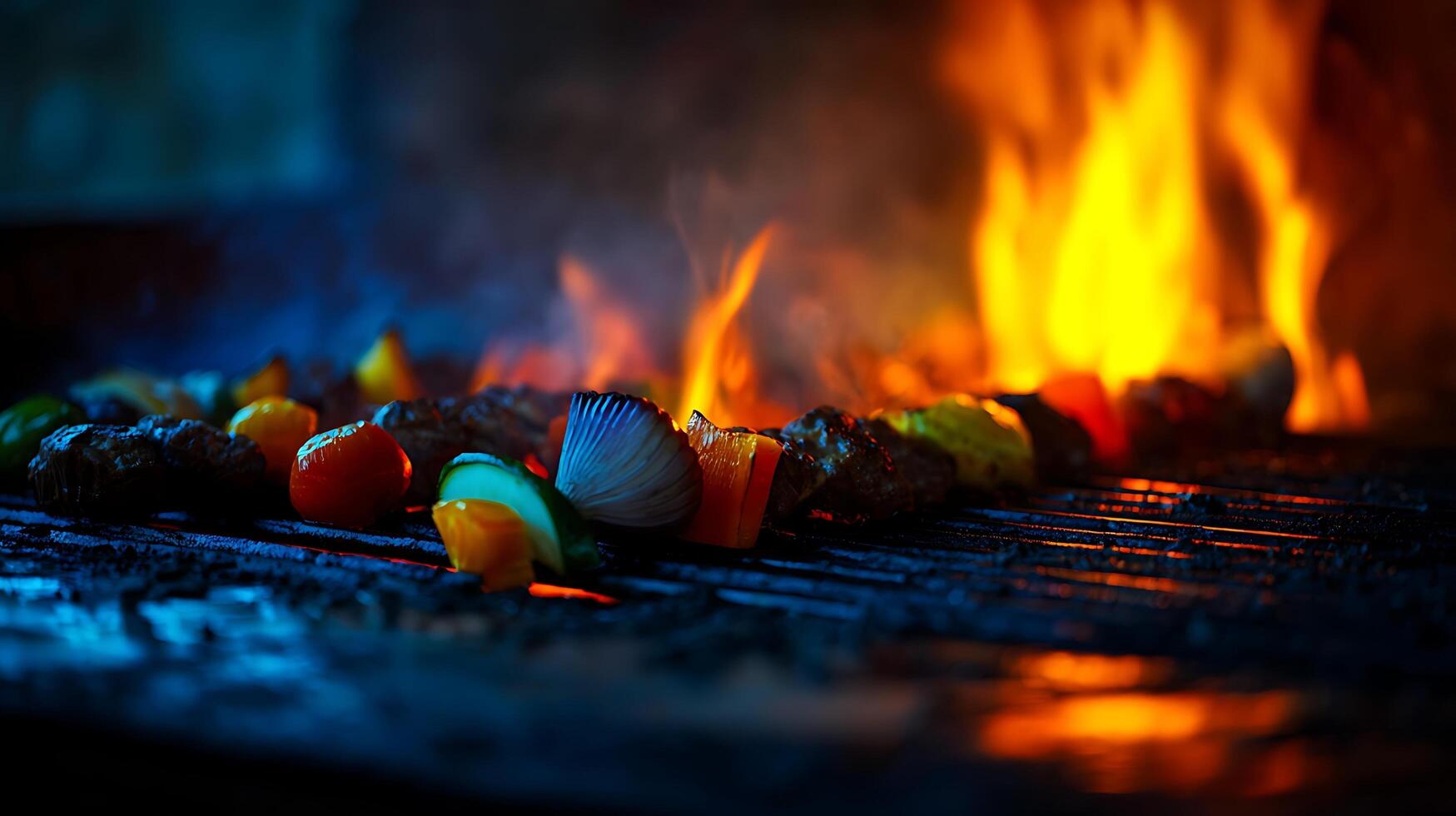 Sizzling Skewers on a Fiery Grill, A Delicious Summer Feast. photo