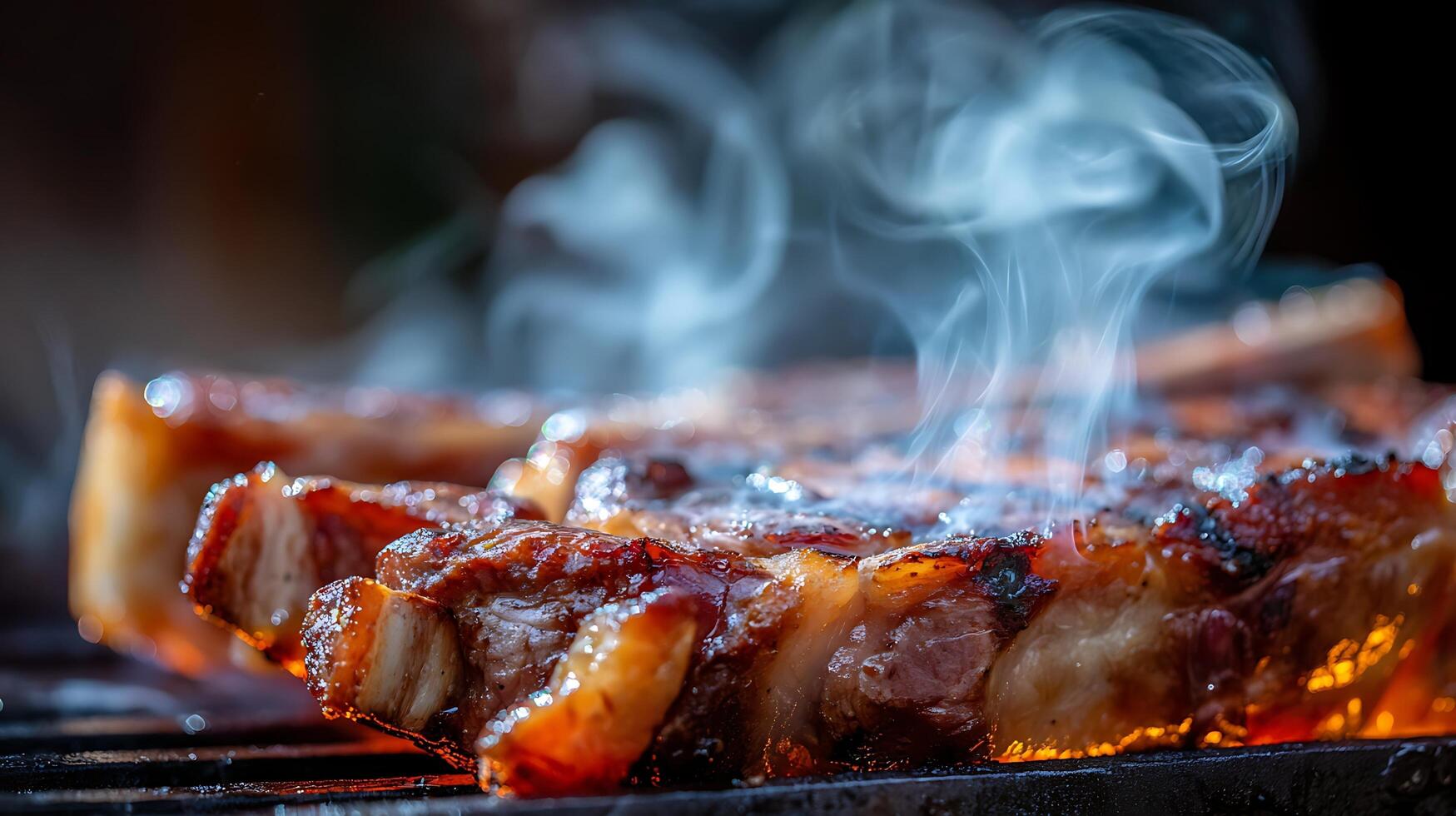 Sizzling Ribs Cooking on a Grill with Smoky Wisps Rising photo