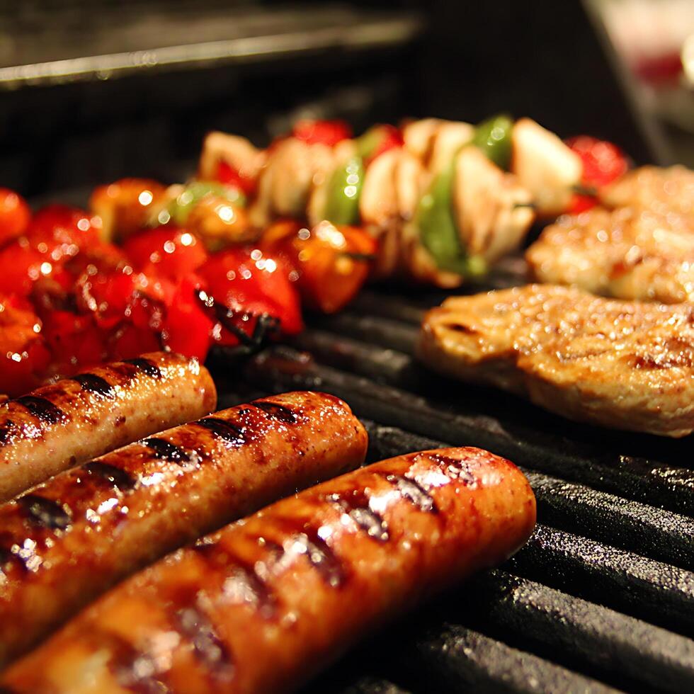 Delicious Sausages and Kebabs Sizzling on the Grill. photo