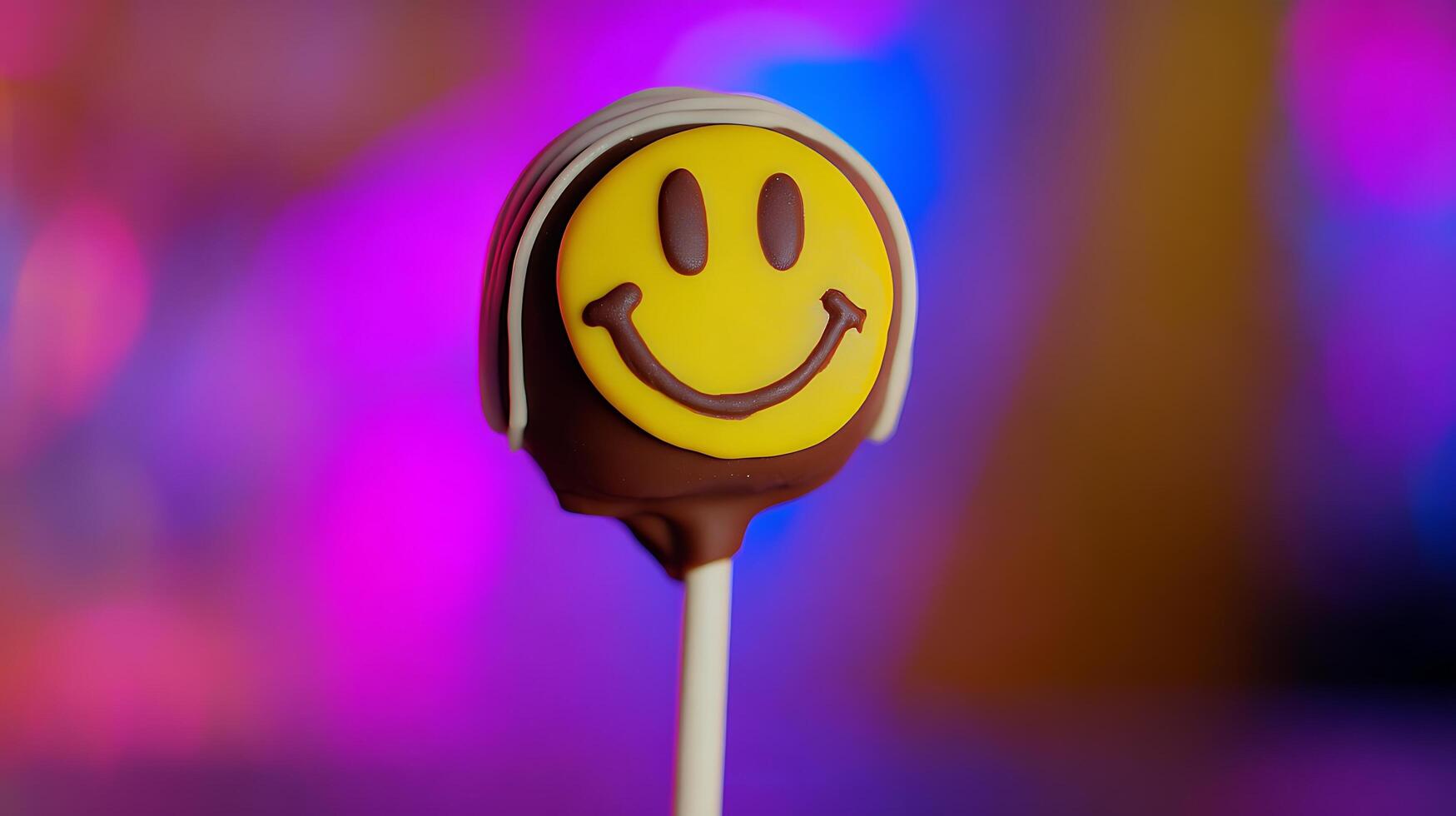 Sweet Smiley Face Cake Pop on a Colorful Blurred Background. photo