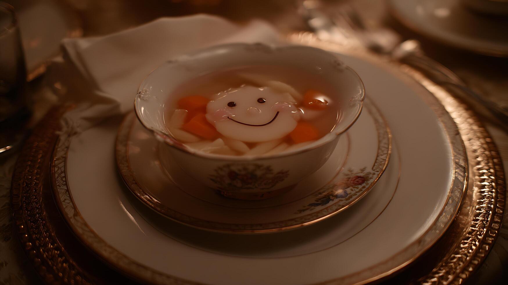 Adorable Happy Face Soup in Elegant Bowl for Special Meal. photo