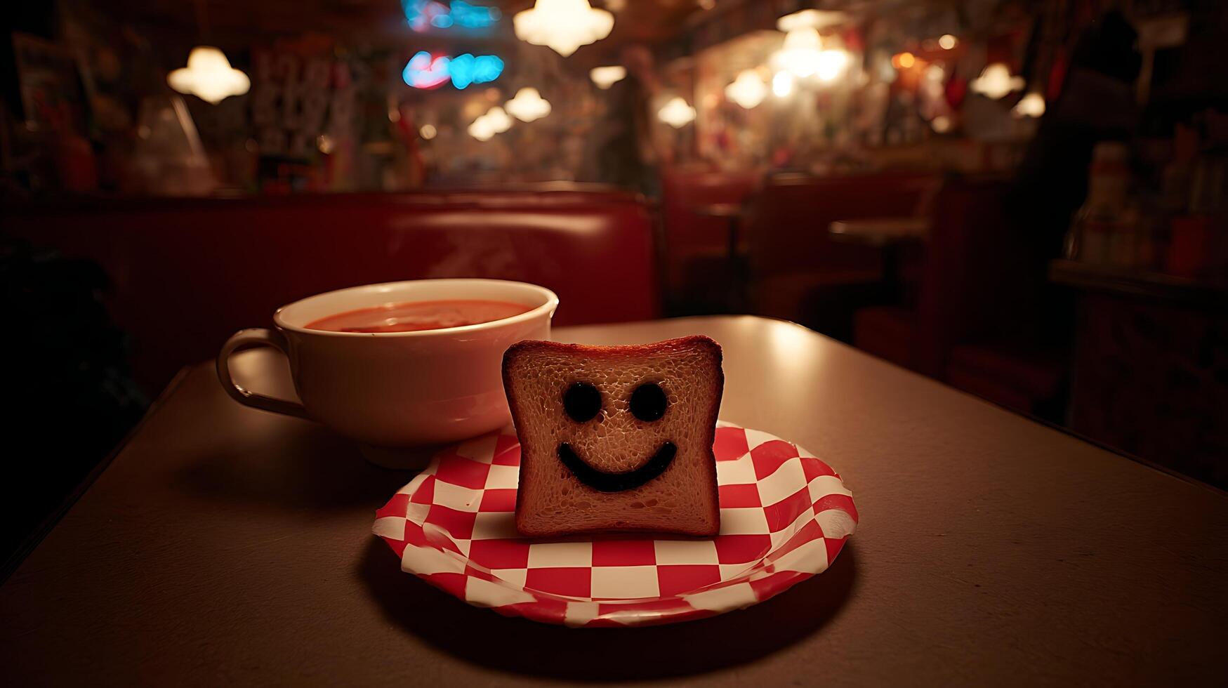 Happy Face Toast with Steaming Soup in a Cozy Diner Setting. photo