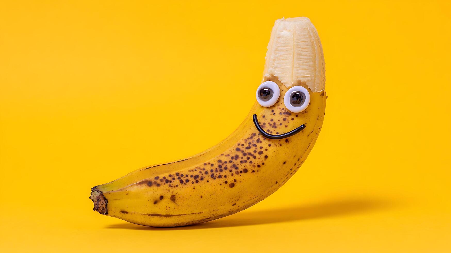 Cheerful Banana with Googly Eyes Smiling Brightly on Yellow Background. photo