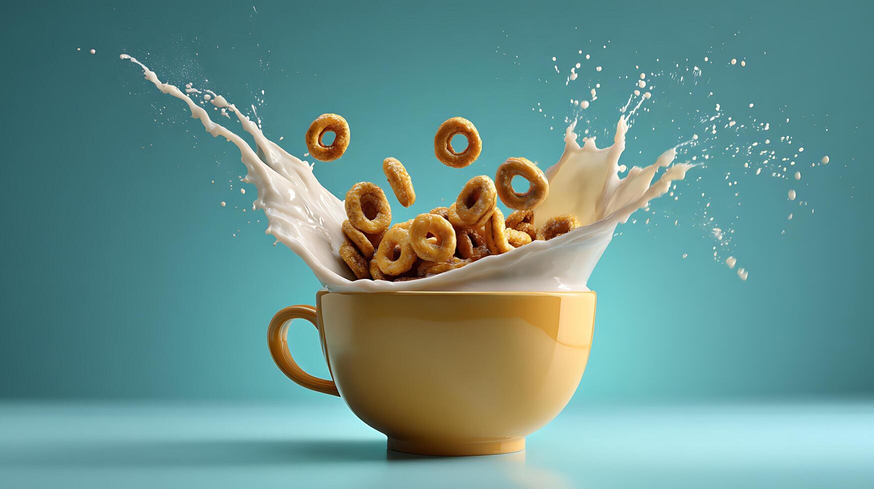 Cereal Splash Fun O's Pouring into a Yellow Cup with Milk. photo