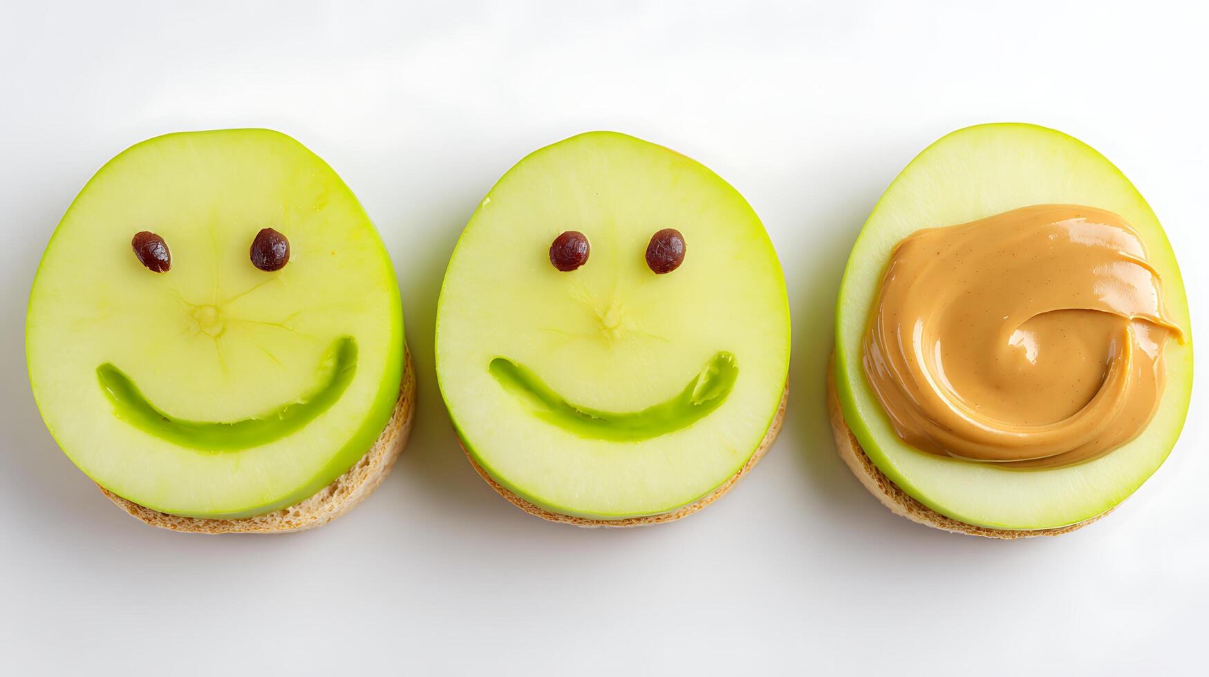 Three Smiley Face Apple Slices with Peanut Butter for a Fun Snack. photo
