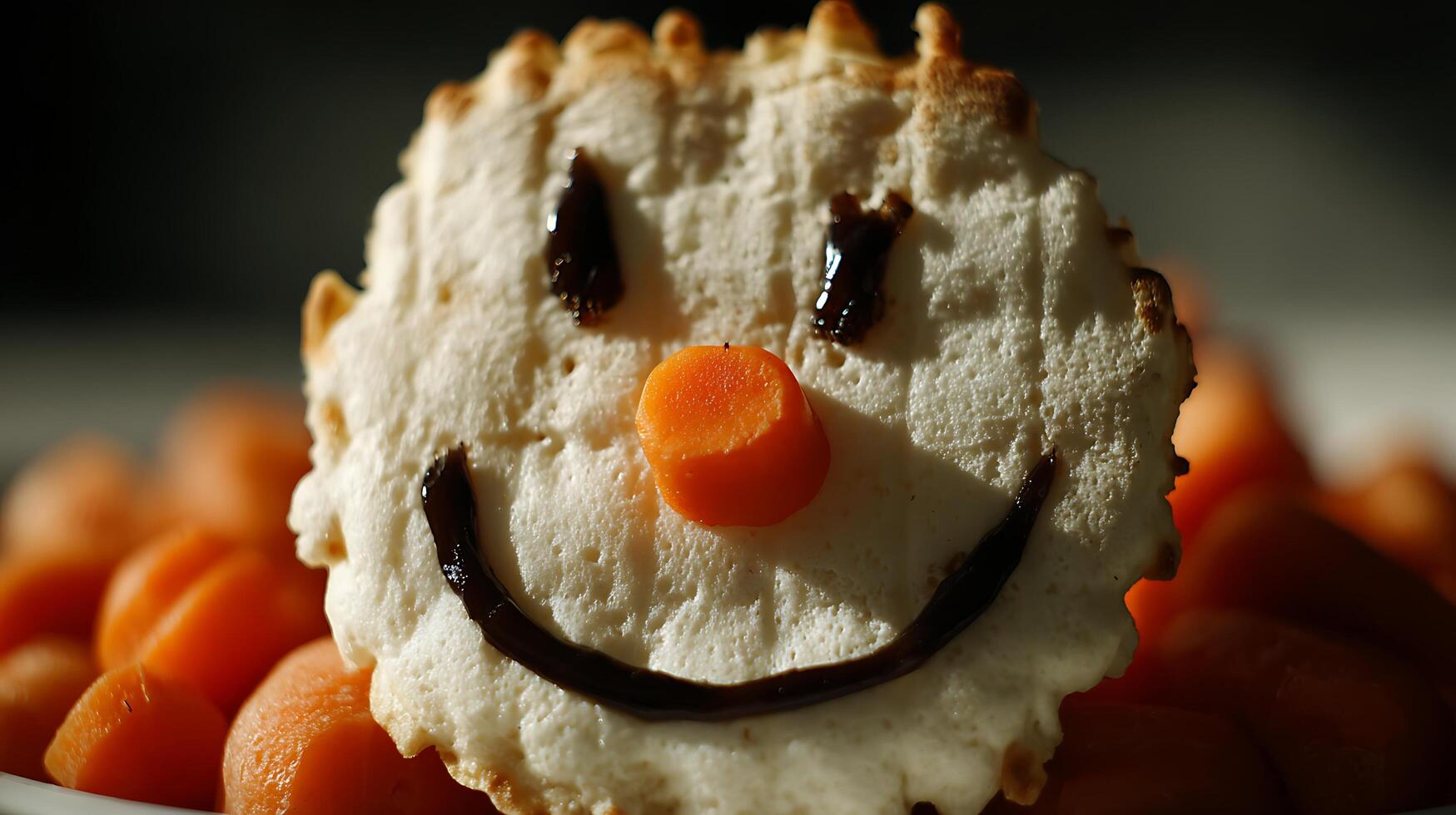 Cute Cookie Snowman with Carrot Nose and Chocolate Smile. photo