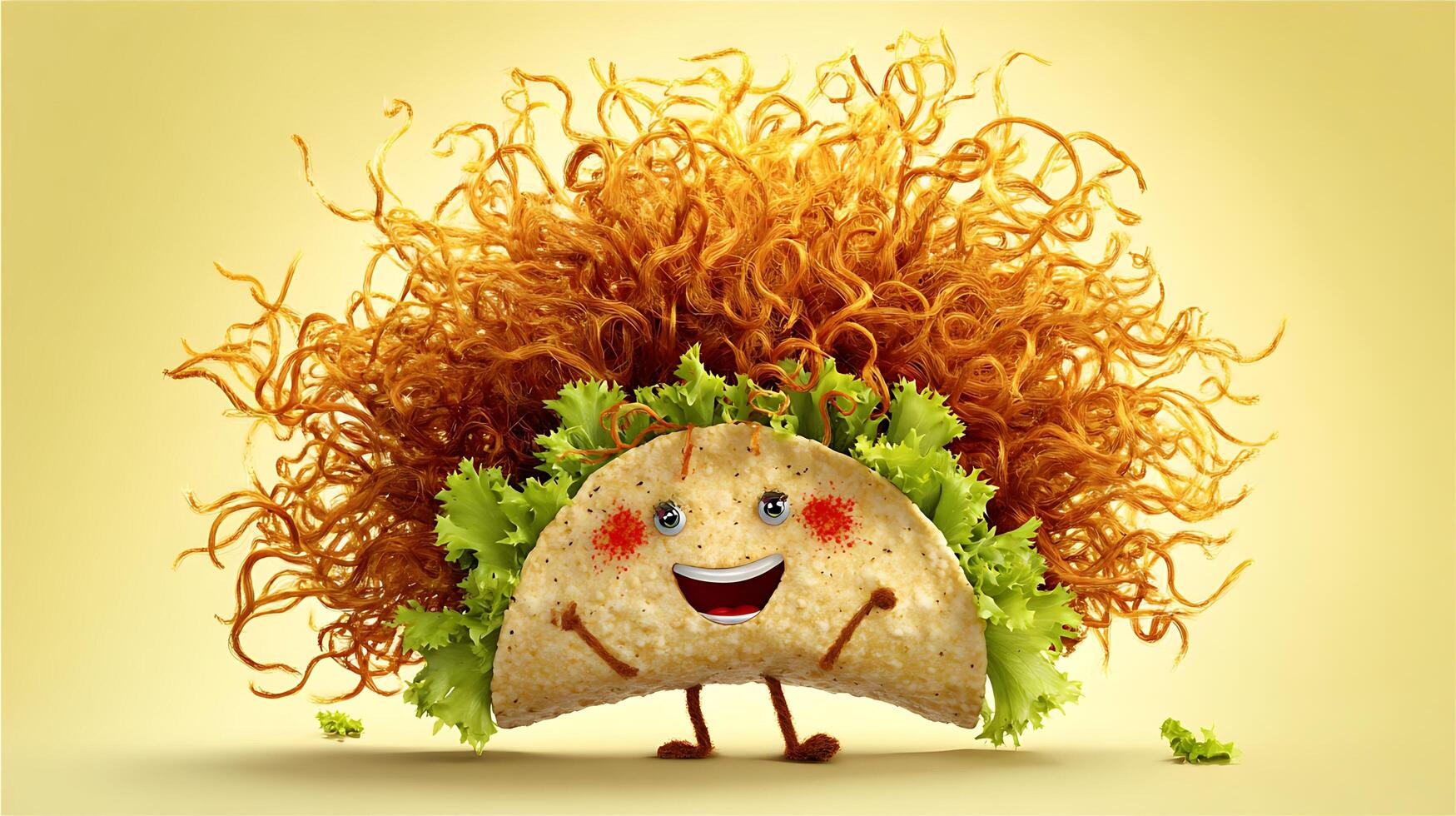 Whimsical Taco Character with Curly Hair and Playful Expression. photo