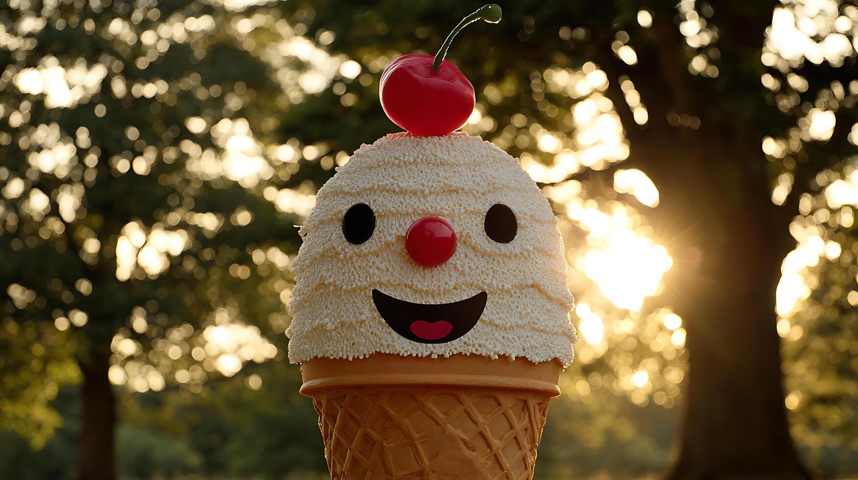 Happy Ice Cream Cone with Cherry on Top Outdoors at Sunset. photo