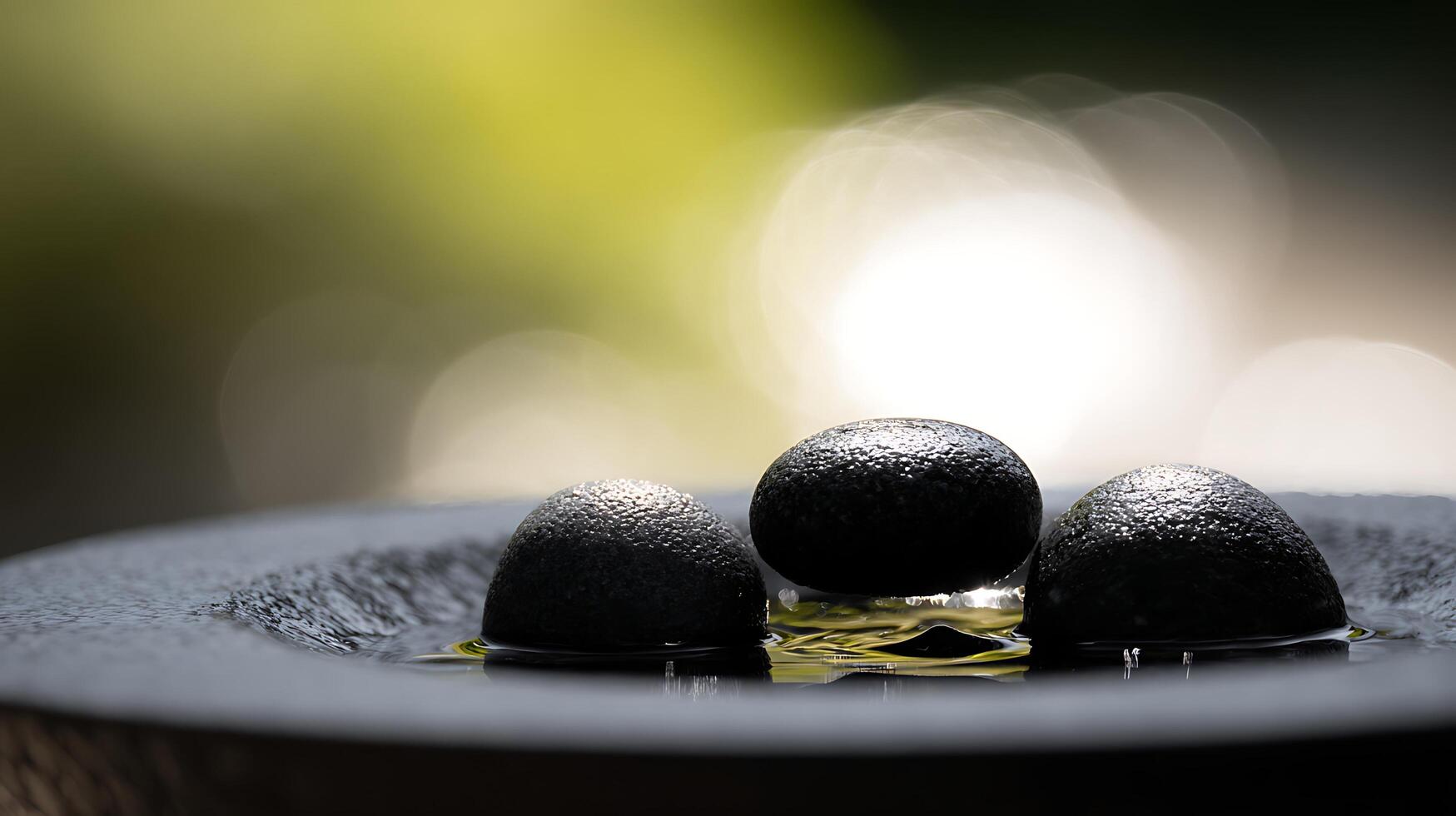 Three Smooth Stones Resting in Shallow Water with Soft Bokeh Background. photo