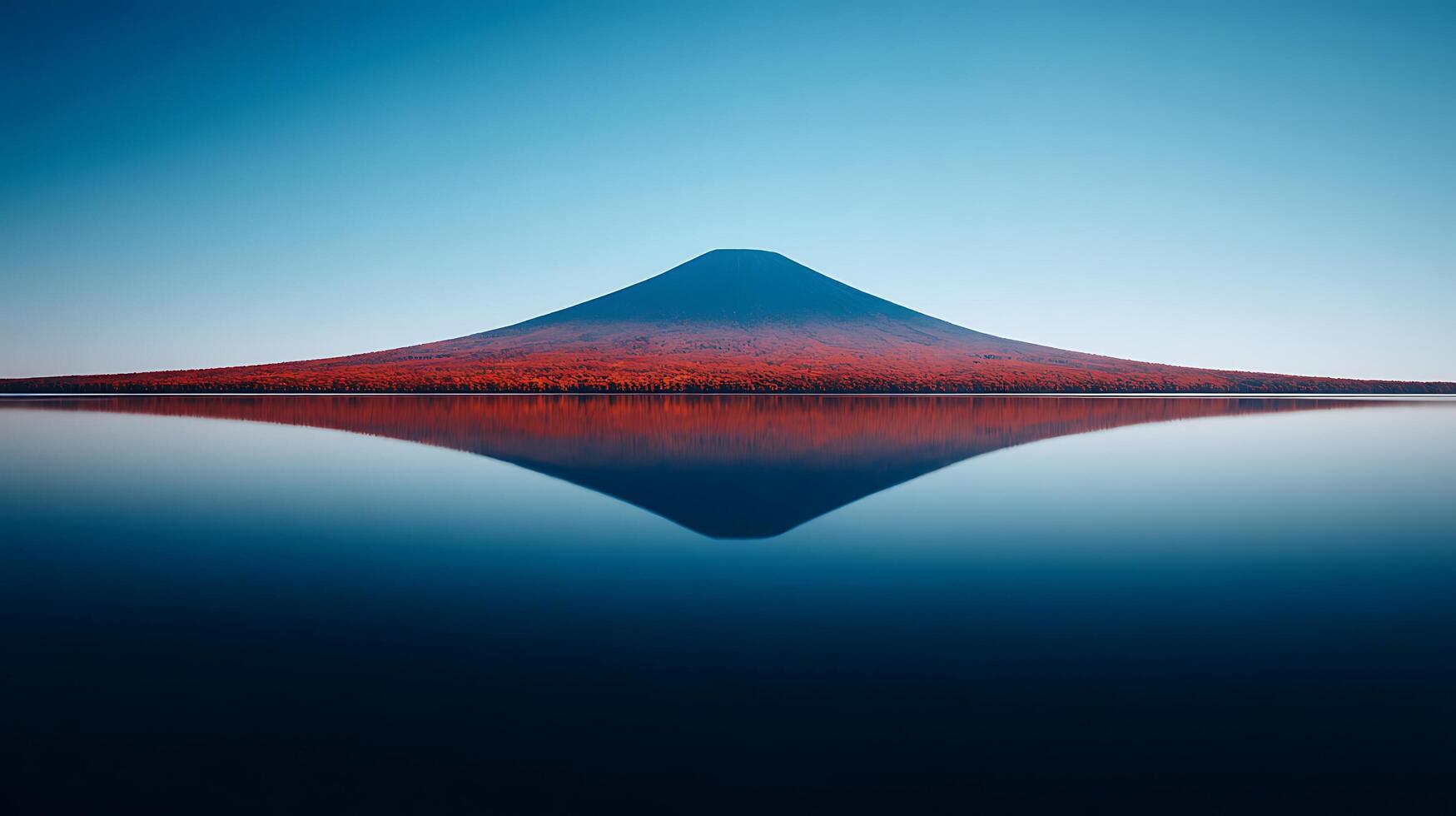Iconic Mount Fuji Reflects Autumn Colors on Calm Water. photo