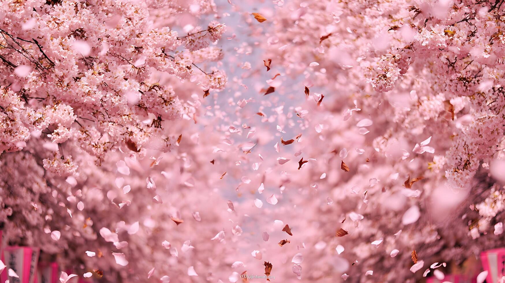 Cherry Blossom Petals Gently Falling in a Dreamy Pink Haze. photo