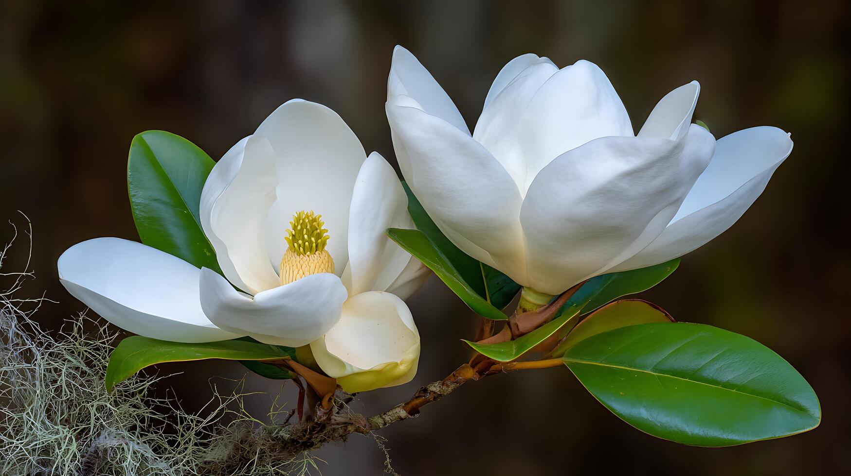 Two perfect white magnolia blossoms with vibrant green leaves. photo