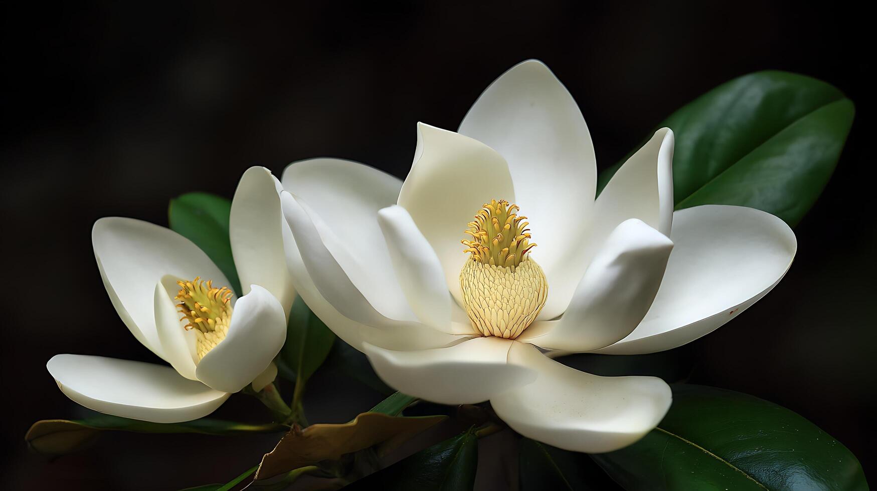 Elegant White Magnolia Bloom Unveiled on a Dark Background. photo