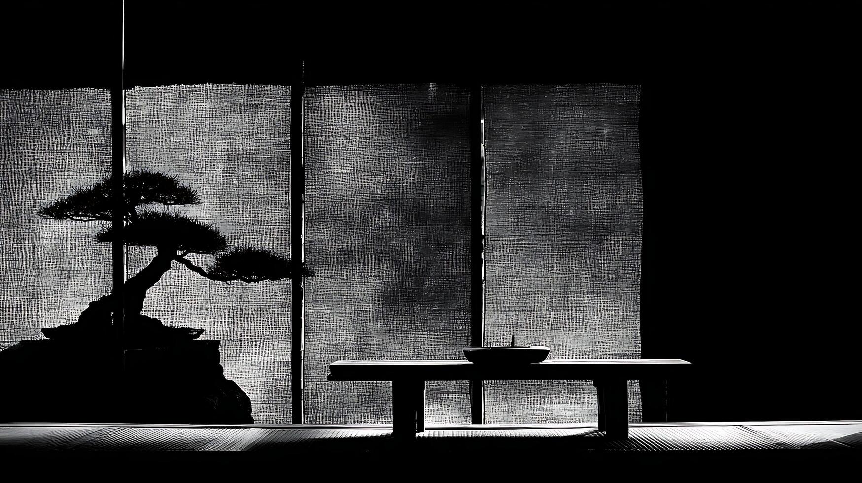 Serene Silhouette of a Bonsai Tree and a Simple Wooden Table. photo