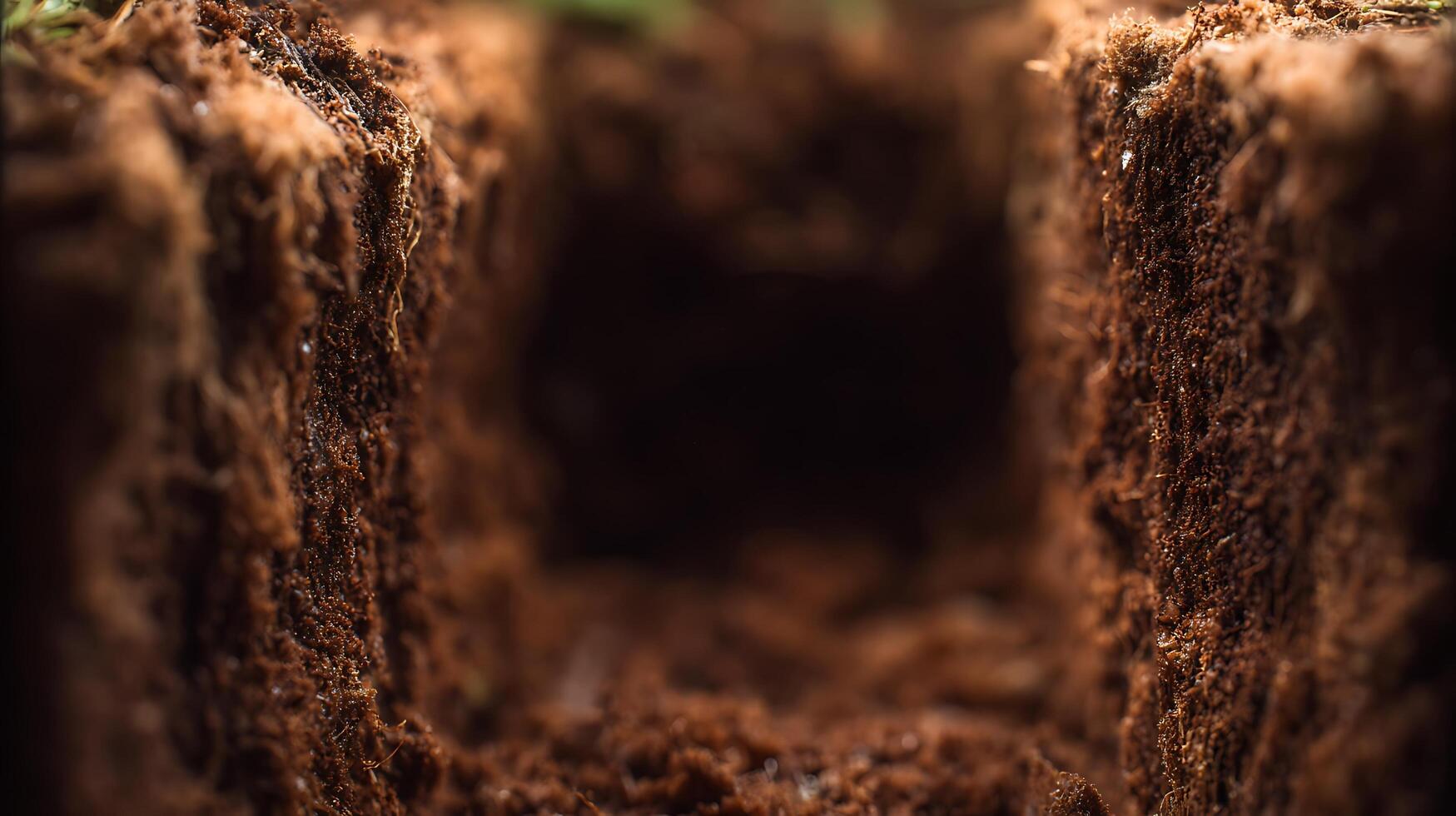 Macro shot of textured brown soil with a dark opening into the earth. photo