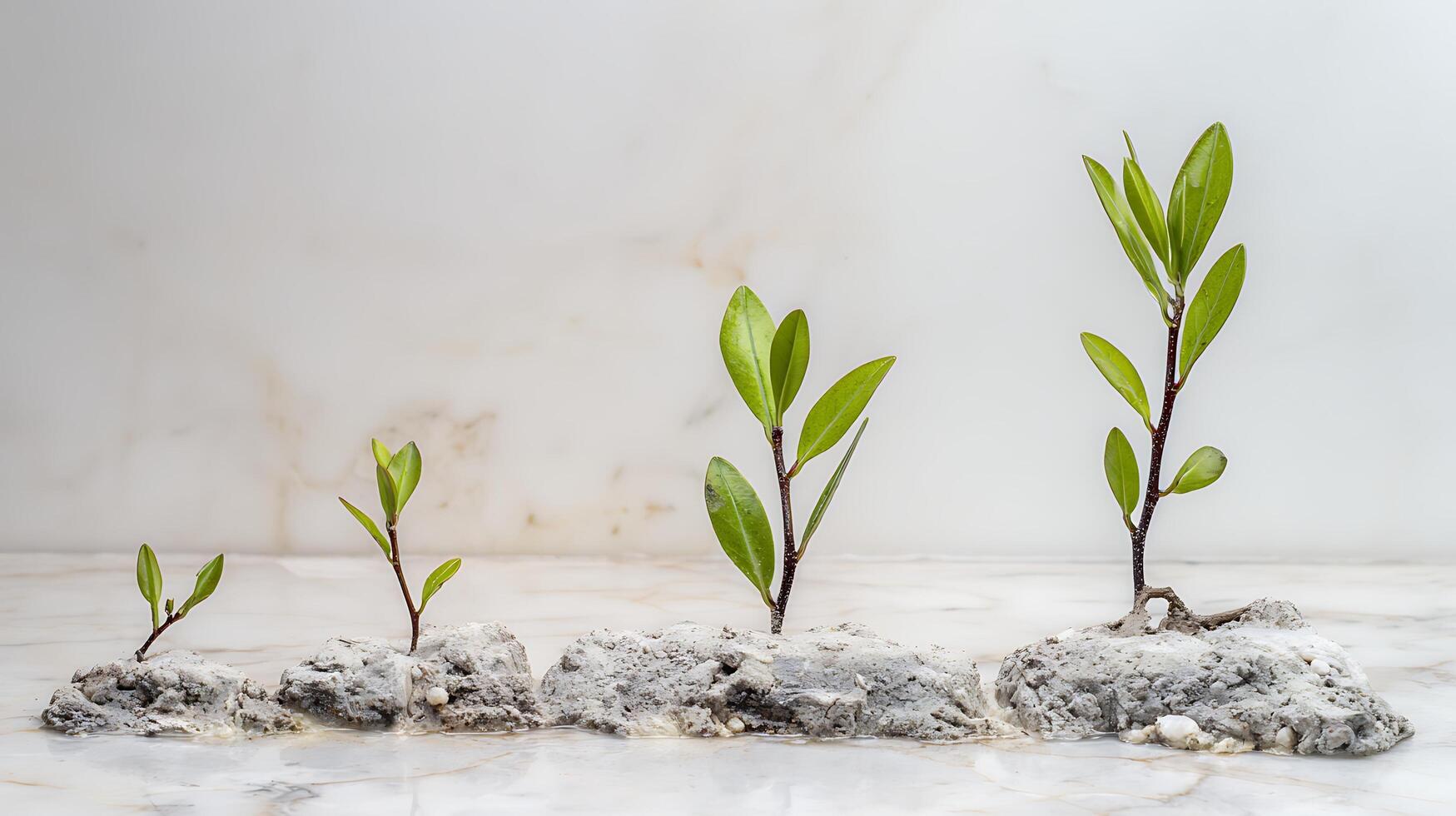 Stages of Growth Tiny plants sprout from rock formations. photo