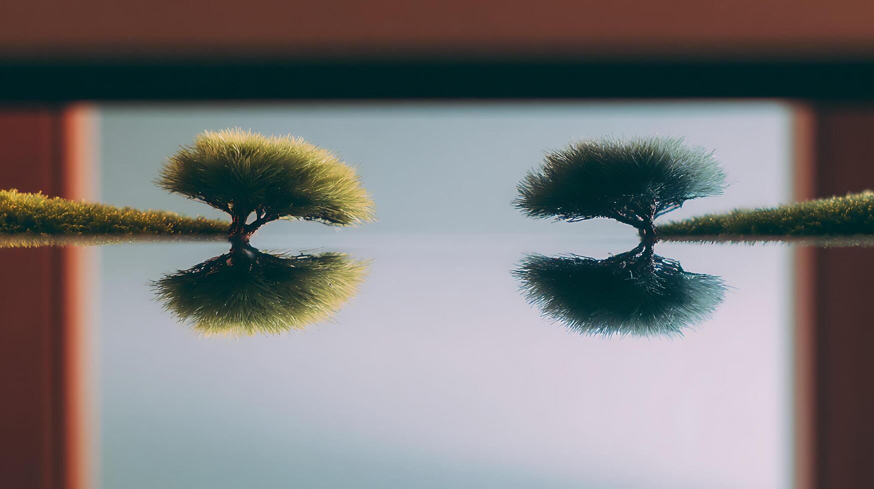 Two Miniature Trees Reflecting on a Calm, Mirrored Surface. photo