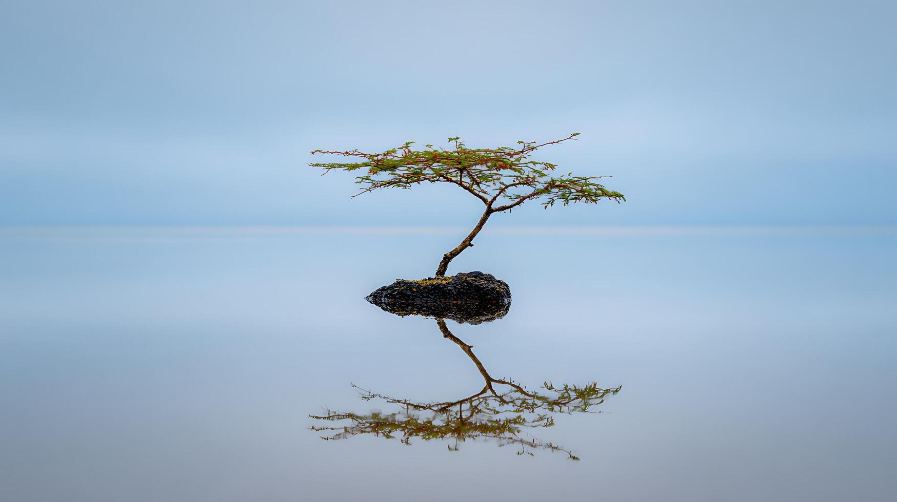 Resilience in Nature Tiny Tree on Lava Rock with Water Reflection. photo