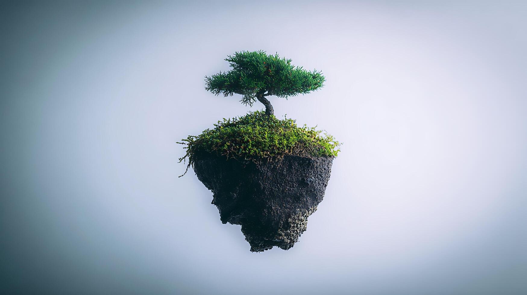 Isolated Floating Island With A Green Tree And Moss In The Sky. photo