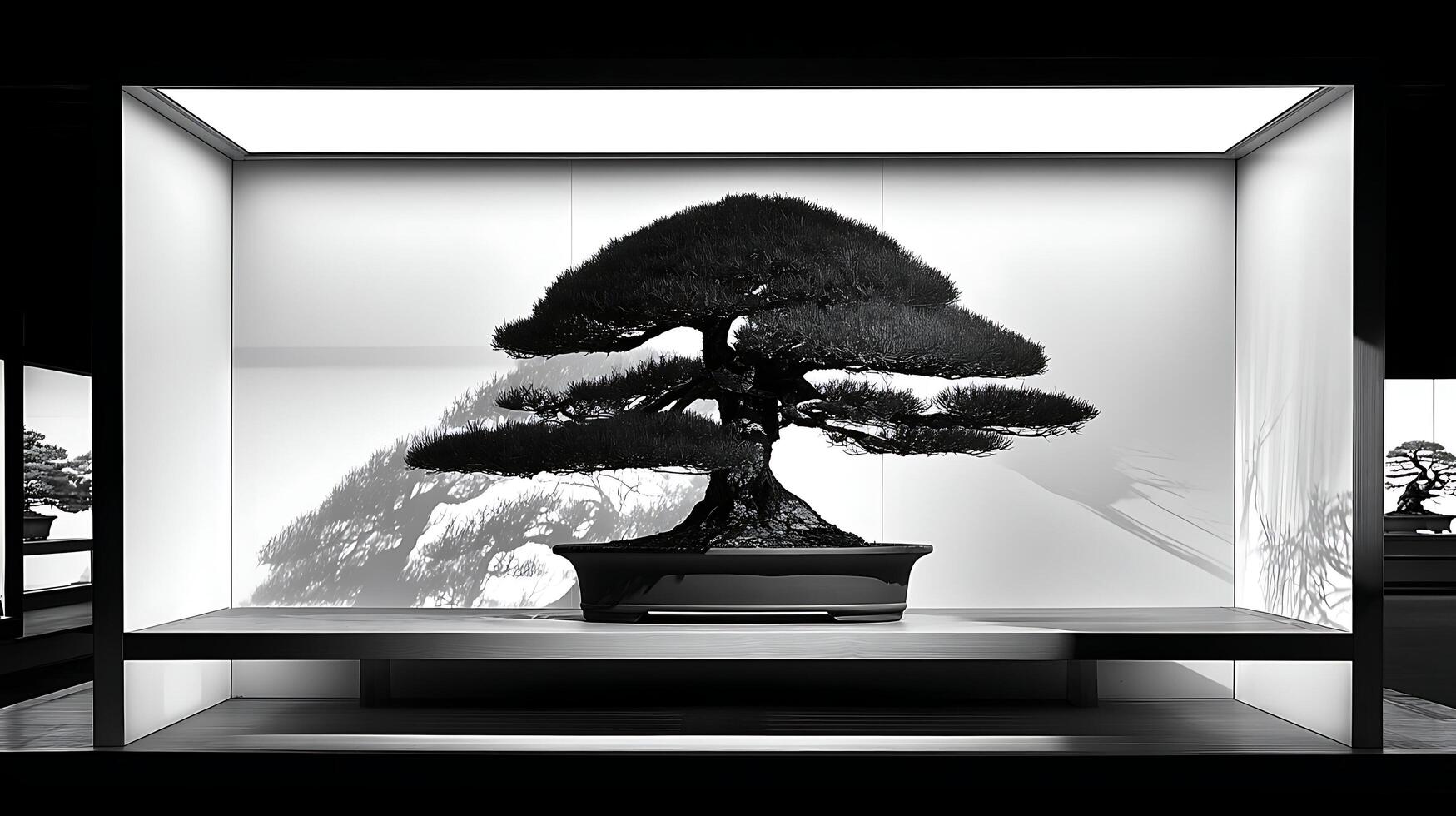 Striking Bonsai Tree Display with Dramatic Shadows and Minimalist Setting. photo