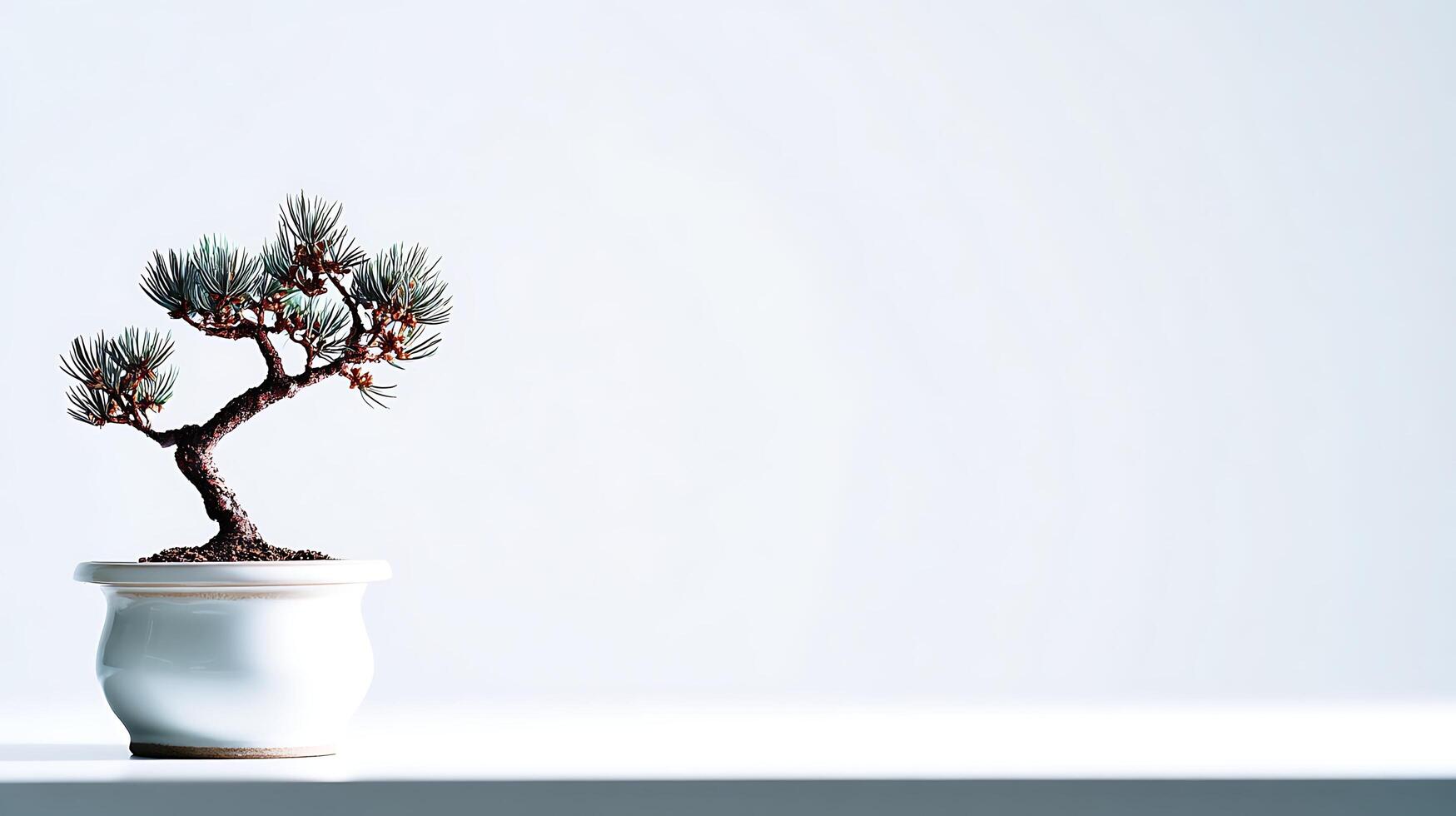 Elegant Bonsai Tree in a Minimalist White Pot on a Clean Surface. photo