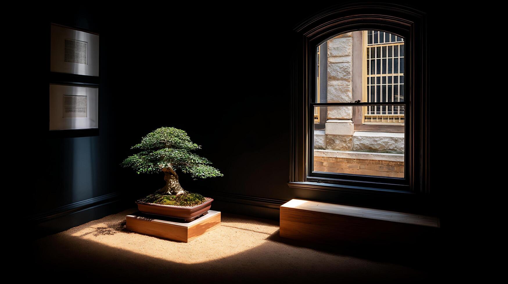 Serene Bonsai Tree Bathed in Golden Sunlight Through an Arched Window. photo