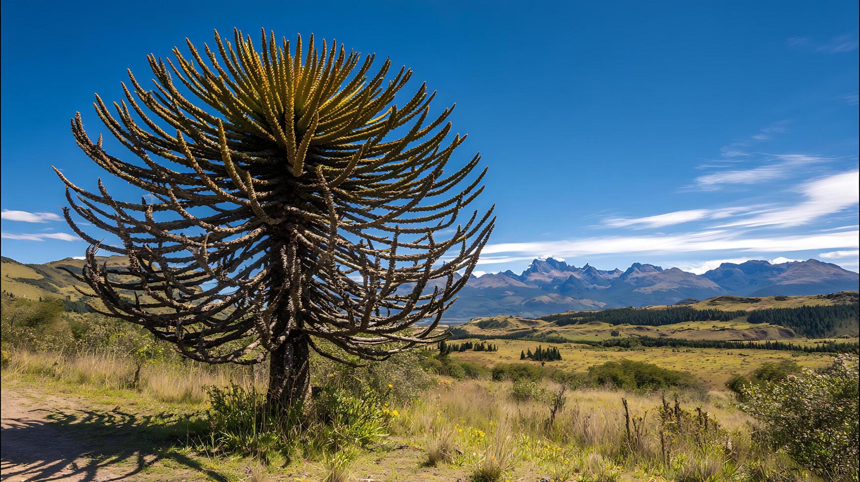 Ancient Araucaria Tree Under Vast Blue Sky with Mountain Views. photo