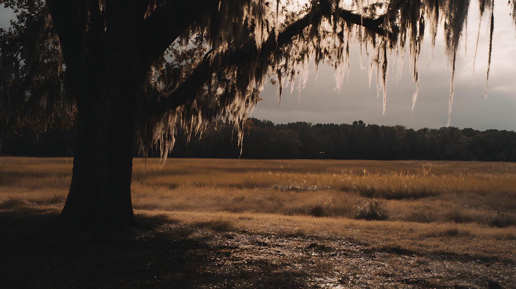 Ethereal Spanish Moss Hangs from Ancient Southern Oak Tree at Dusk. photo