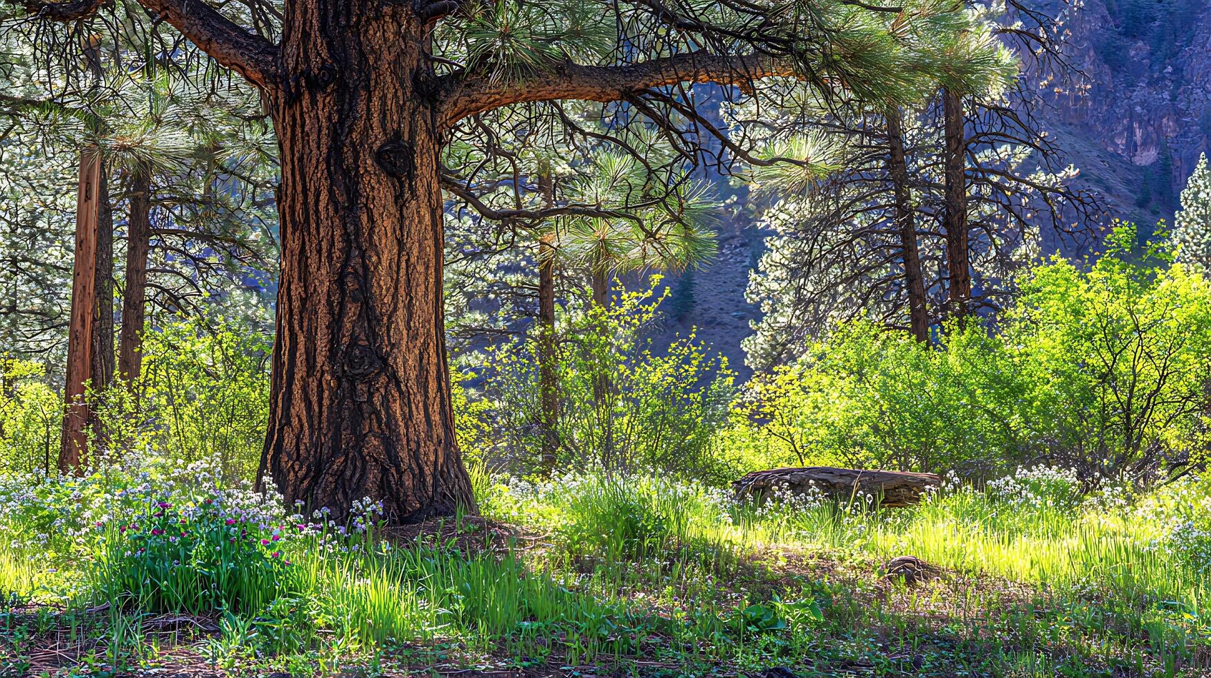 Sunlit Forest Floor with Wildflowers and Majestic Pine Tree. photo
